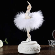 (White) Ballerina Music Box Dancing Girl Swan Lake Carousel with Feather for Birthday Gift