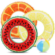 3PCS Inflatable Pool Float Rings for Kids Adults, 32.5" Fruit Swim Rings Air Mattress with Beach Ball, Pool Ocean Summer Party Toys