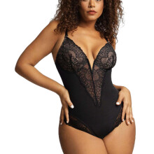 Kroppsformer for kvinner, magekontroll-shapewear-body med V-hals og ryggløs thongdesign, sømløs silhuett, ledningsfri Powermesh-BH med innebygd BH.