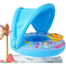 Inflatable Baby Swim Ring with Sun Canopy, Removable Top, Rotating Steering Wheel with Horn, Pool & Beach Float for Kids Under 15 kg