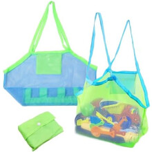 VLYX Beach Toy Bag 2-Pack, Sand-Away Mesh Toy Tote for Kids, Portable Sand Toy Organizer for Family Vacation, Green and Blue