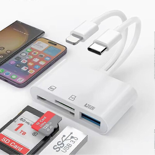 5-in-1 SD Memory Card Reader for iPhone Androids Camera, USB C and Lightning Dual Port SD Card Adapter, Supports SD/Micro SD/USB 3.0 1
