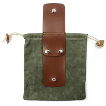 (Green) PU Leather Bushcraft Waist Bag With Cover & Buckle Foldable Heavy Duty Tool Pouch With Drawstring for Outdoor Camping
