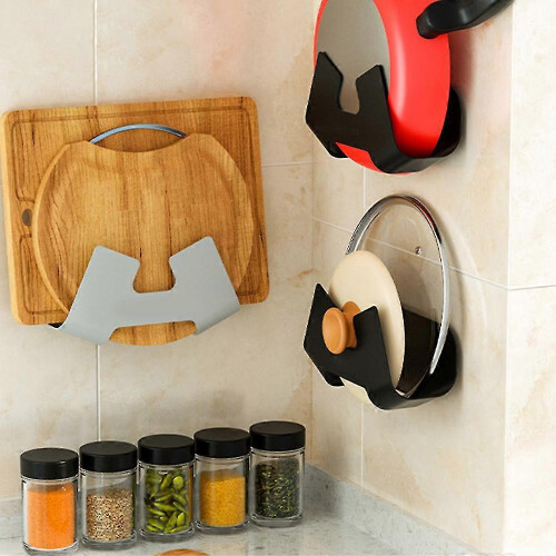 (Gray) Wall Mounted Pot Lid Holder Multipurpose Punch-free Pot Cover Drain Rack 2