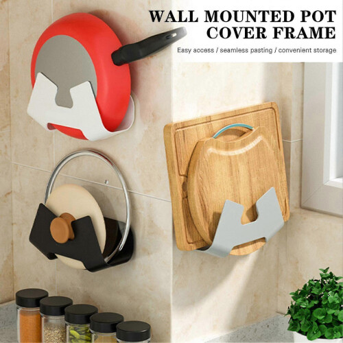 (White) Wall Mounted Pot Lid Holder Multipurpose Punch-free Pot Cover Drain Rack 1