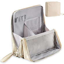 (Beige) Extra Large Standing Makeup Bag, Vertical Waterproof Oxford Storage Organizer with Multi-Compartments for Stationery & Cosmetics