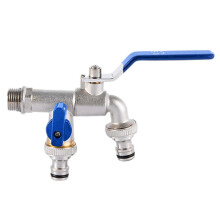 (Blue) "1/2" 3/4" Dual Outlet Brass Garden Faucet Outdoor Anti-Freeze Water Spigot Washing Machine Tap for Hose & Pool