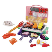 (Pink) Pink Magnetic Tiles Kids BBQ Grill Toy Kitchen Set with Realistic Spray, Light, Sound, Color Changing Food Play Set 25-26