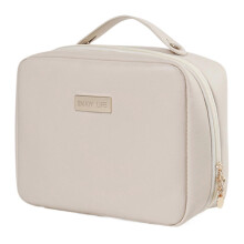 (Beige) Large Capacity Makeup Bag PU Leather Cosmetic Bag Handheld Travel Toiletry Bag Beach Bag Makeup Storage Bag Wash Bag Pink