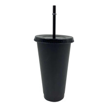 (Black) 5PCS Straw Coffee Cup Plastic Tumbler with Straw And Lid Reusable Water Juice Cup