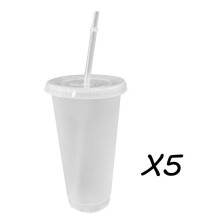 (White 700ml) 5PCS Straw Coffee Cup Plastic Tumbler with Straw And Lid Reusable Water Juice Cup