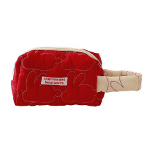 (Red) Quilted Bag Compact Makeup Pouch Toiletry Organizer for Travel and Storage White