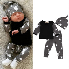 (0 to 6 Months) Newborn Baby 3pcs/set Pyjama Long Sleeve T-shirt Trousers Beanie Hat Outfit-MXBC