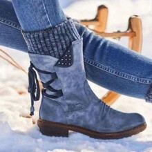 (42,Light Blue)Premium Women's Winter Warm Back Lace Up Snow Boots Waterproof PU Leather Sneakers Outdoor Hiking Boots Work Shoes