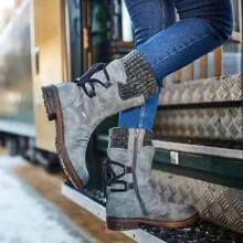 (37,Gray)Premium Women's Winter Warm Back Lace Up Snow Boots Waterproof PU Leather Sneakers Outdoor Hiking Boots Work Shoes