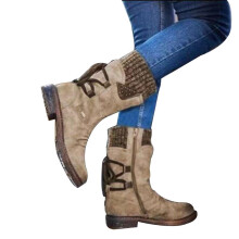 (42,Khaki)Premium Women's Winter Warm Back Lace Up Snow Boots Waterproof PU Leather Sneakers Outdoor Hiking Boots Work Shoes
