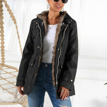 (L,Black)Women's Winter Jacket Hooded Coat with Detachable Fleece Inner & Belt Splash-Proof Warm Windbreaker for Outdoor Fishing
