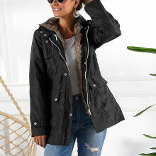 (2XL,Black)Women's Winter Jacket Hooded Coat with Detachable Fleece Inner & Belt Splash-Proof Warm Windbreaker for Outdoor Fishing