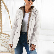 (S,White)Women's Winter Jacket Hooded Coat with Detachable Fleece Inner & Belt Splash-Proof Warm Windbreaker for Outdoor Fishing