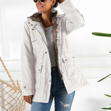 (M,White)Women's Winter Jacket Hooded Coat with Detachable Fleece Inner & Belt Splash-Proof Warm Windbreaker for Outdoor Fishing