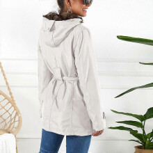 (L,White)Women's Winter Jacket Hooded Coat with Detachable Fleece Inner & Belt Splash-Proof Warm Windbreaker for Outdoor Fishing