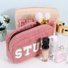 (Champagne) Preppy Fluffy Cosmetic Storage Pouch Chenille Letter Fuzzy Toiletry Bag Plush Makeup Organizer for Christmas Gift