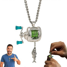 Mens Fishing Reel Necklace with Rotating Handle & Moving Line Guide, Fishing Reel Jewelry Gift for Men Anglers