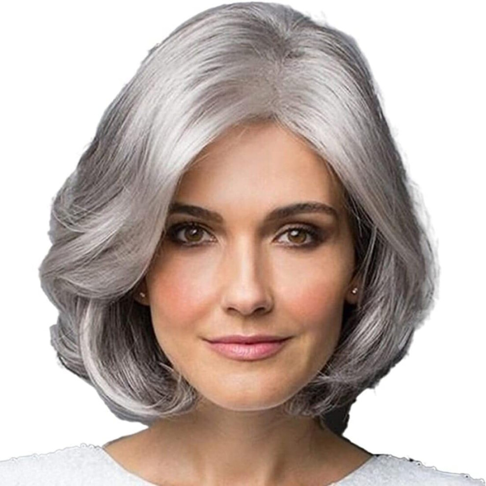 Middle Aged and Old Women's Short Silver Gray Wig, Natural Synthetic Hair, Lightweight, Comfortable Fit, 12 Inches