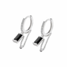 S925 Black Square Zircon Chain Earring, Minimalist Fringe Ear Cuff for Women