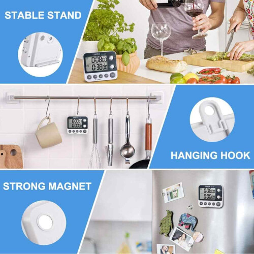 Dual Kitchen Timer Digital Device, 3 Channel for Cooking with Alarm and Large Display, Magnetic Back with Replaceable Battery, Adjustable Volume Loud 1
