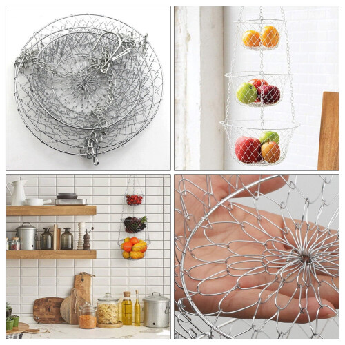 3-Tier Hanging Fruit Basket, Versatile Function for Home Organization, Detachable Customizable Wire Baskets, Heavy Duty Sturdy Iron Wire Build, Hook 1