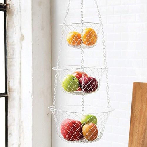 3-Tier Hanging Fruit Basket, Versatile Function for Home Organization, Detachable Customizable Wire Baskets, Heavy Duty Sturdy Iron Wire Build, Hook 2
