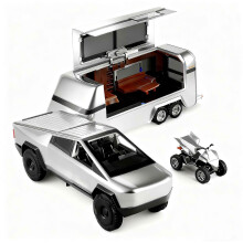 (Silver) 1:32 Scale Pickup Truck Toy for Kids, Functional Metal Pickup RV Set with Motorcycle, Sounds & Light Effects, Christmas Birthday Gift