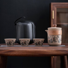 (Four piece Set, Landscape) Coarse Pottery Travel Tea Set Portable Sturdy Authentic Ceramic Craft Ideal for Outdoor Camping Office Use