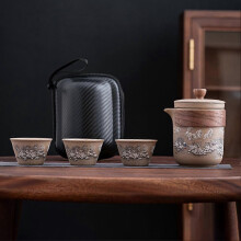 (Four piece Set, Snow Scene) Coarse Pottery Travel Tea Set Portable Sturdy Authentic Ceramic Craft Ideal for Outdoor Camping Office Use