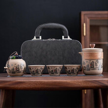 (Five piece Set, Landscape) Coarse Pottery Travel Tea Set Portable Sturdy Authentic Ceramic Craft Ideal for Outdoor Camping Office Use