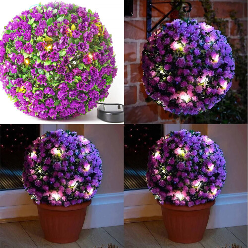 2 x 27cm Purple Topiary Balls Solar LED Lights