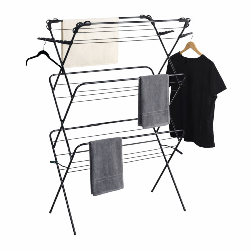 Black 3 Tier Airer Extra Wide Laundry Drying Rack Horse Foldable