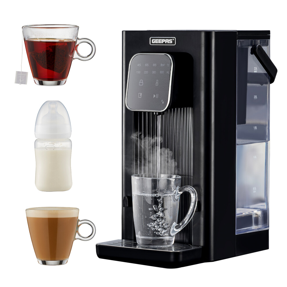 Geepas Instant Water Dispenser 2.6Kw | Strix Filter 2.5L Tank | Adjustable Temp (45/65/85) & Volume | Removable Drip Tray Rapid Boil Hot Water