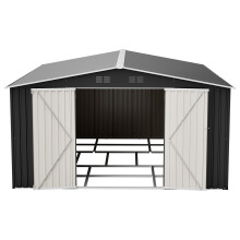 (12X14FT, Anthracite) BIRCHTREE Garden Shed Metal Apex Roof Outdoor Storage With Free Foundation