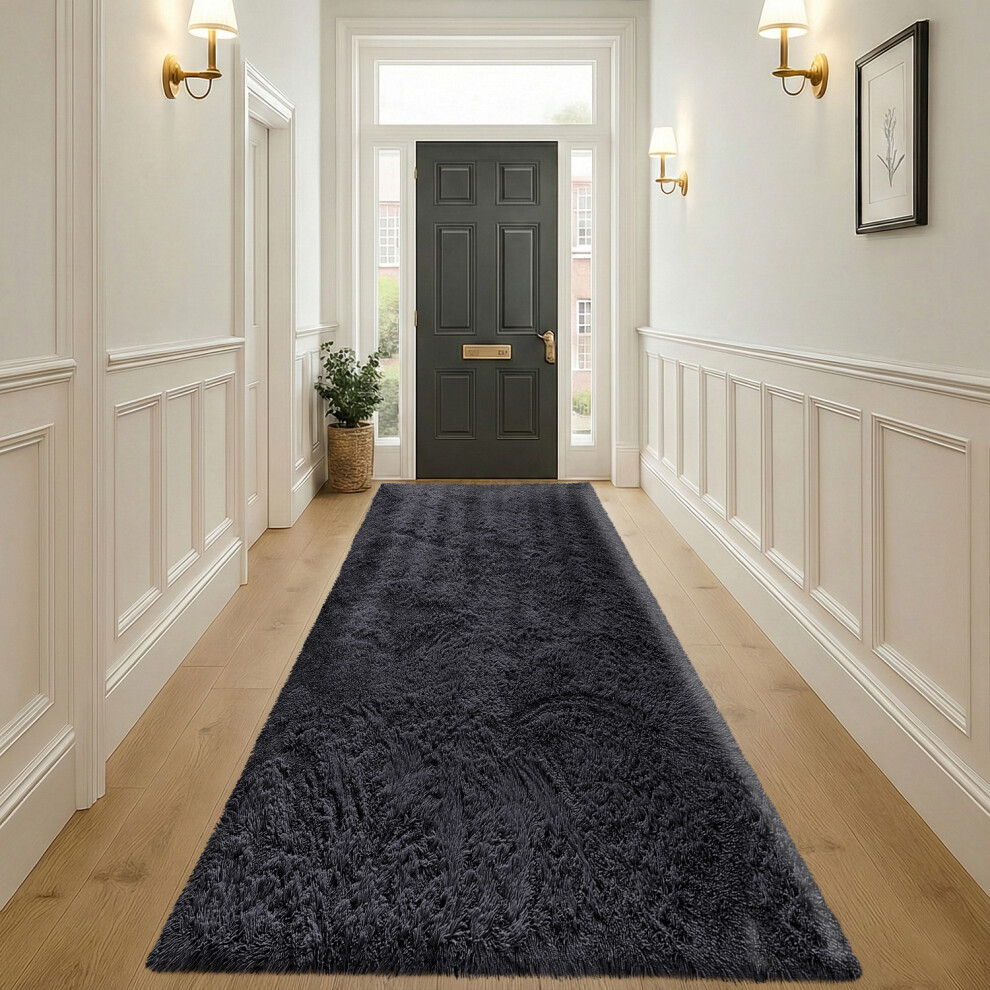 Imperial Rooms (80Cm X 300Cm (2 Ft 6 In X 10 Ft)- Extra Large Runner Rug, Black) Anti Slip Shaggy Rug For Living Room Runner Carpet