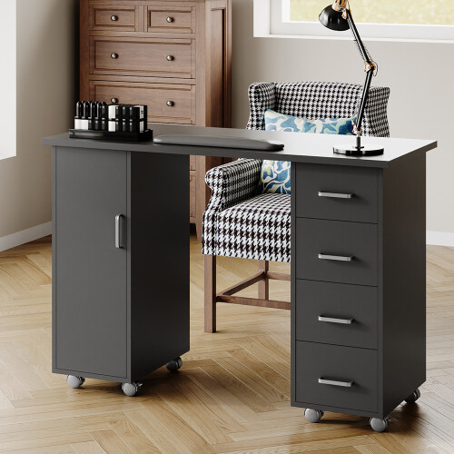 Living And Home Mobile Manicure Table with 1 Cabinet and 4 Drawers, Dark Grey 1