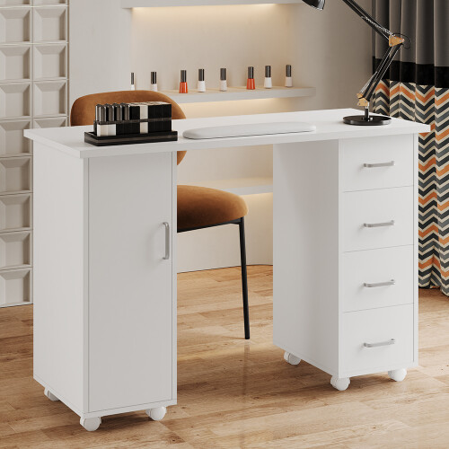 Living And Home Mobile Manicure Table with 1 Cabinet and 4 Drawers, White