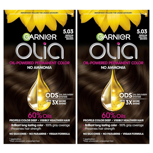 Garnier Garnier Olia Hair Color, Ammonia-Free Permanent Hair Dye,Oil-Powered Formula for 100% Gray Coverage&3x Shinier Hair,5.03 Medium Neutral Brown,2 Count