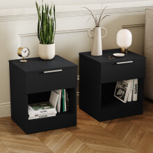 (Black) Trega 1 Drawer Bedside Cabinets Wooden Set of 2