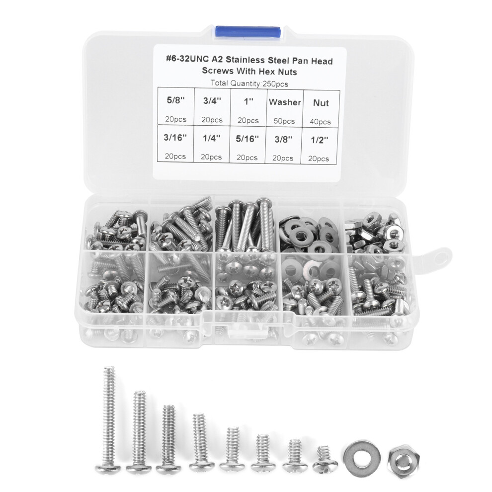 250Pcs 304 Stainless Steel Cross Pan Head Screws #6-32Unc With Nuts & Washers 3661377385656