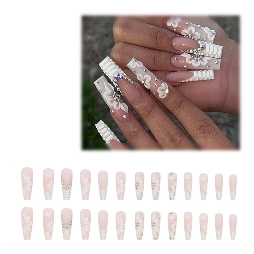 Butterflies Design Glossy Press On Nails, French Nail Designs In Coffin Shape, Easy To Apply, Crystal Gem Decorations, Soft Gel, 12 Different Sizes,