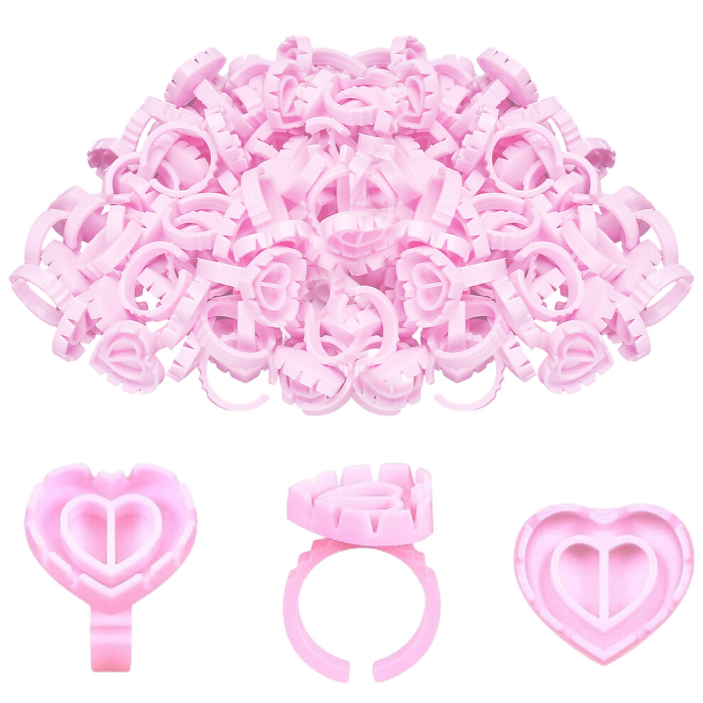 Pink Glue Rings for Salon Professionals, Eco-Friendly Non-Toxic Glue Cups, Adjustable Diameter, Heart Shape Special Design, 100PCS Disposable Eyelash