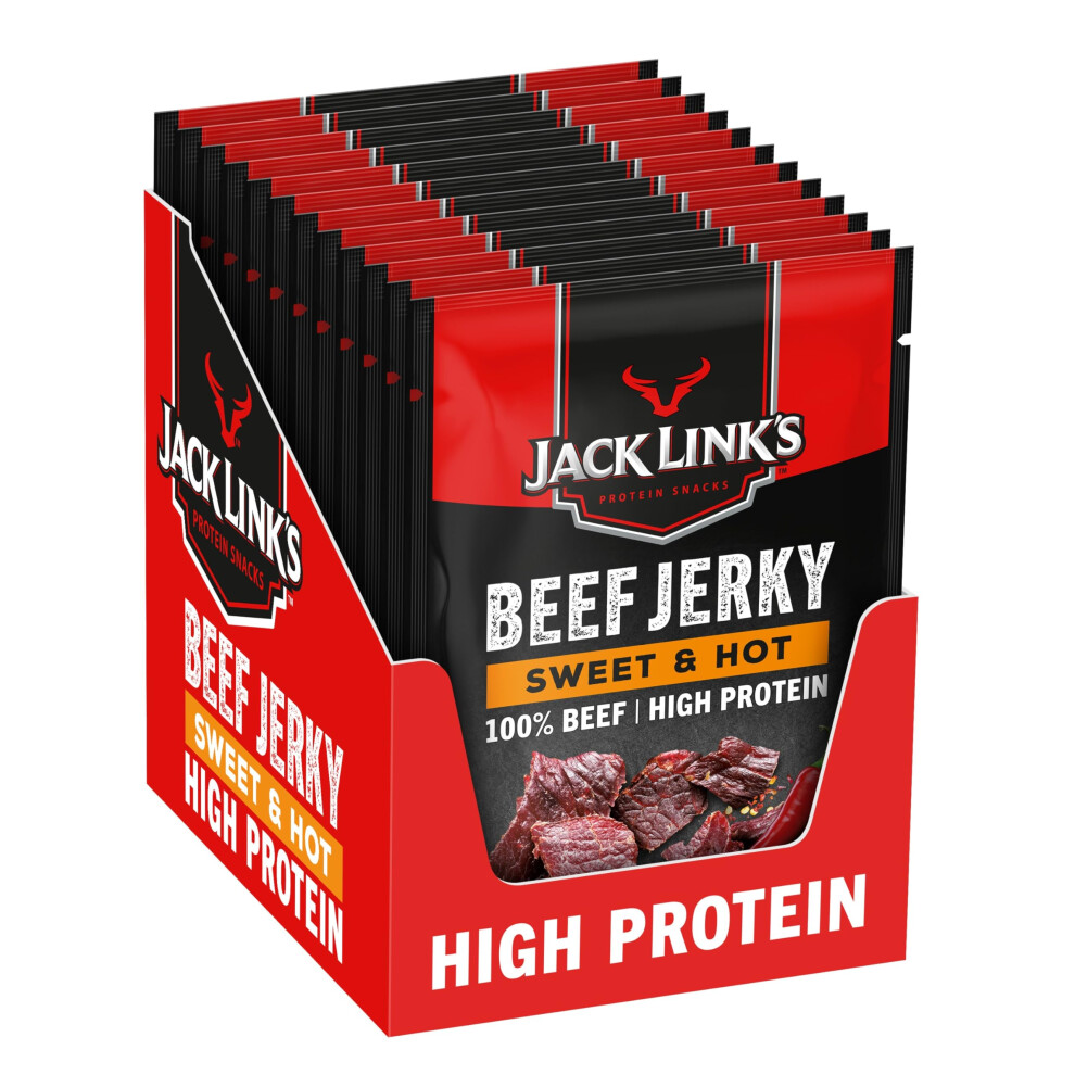 Jack Link's Beef Jerky, Sweet & Hot Flavour, Multipack Of 12 X 25G Bags, High Protein Meat Snack, Sweet Seasoning And Hot Spices