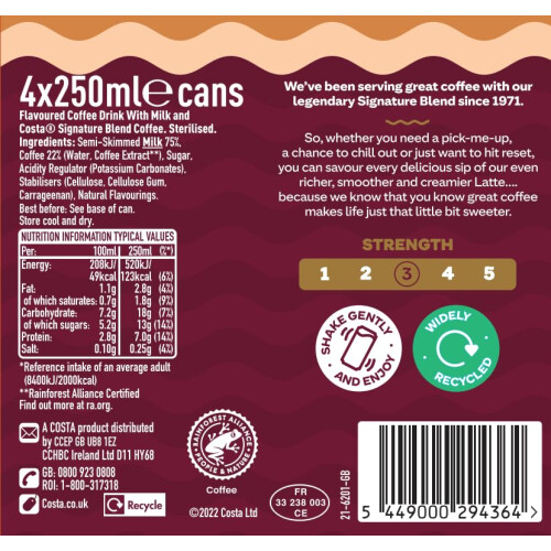 Costa Coffee Costa Coffee Classic Latte Iced Coffee 4 x 250ml 2